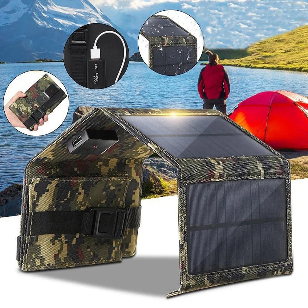 5V 10W USB Solar Charger Portable Outdoor Waterproof Solar Battery Charger USB Phone Charging Power Bank with 4 Solar Panels - Black - 2