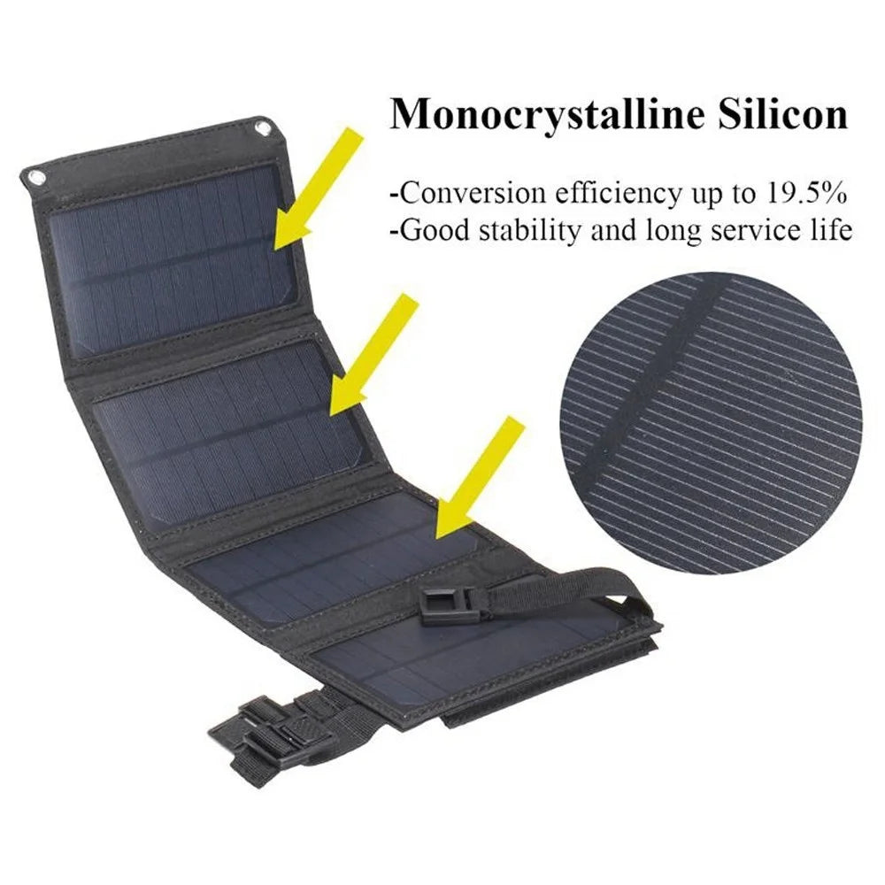 5V 10W USB Solar Charger Portable Outdoor Waterproof Solar Battery Charger USB Phone Charging Power Bank with 4 Solar Panels - Black - 4