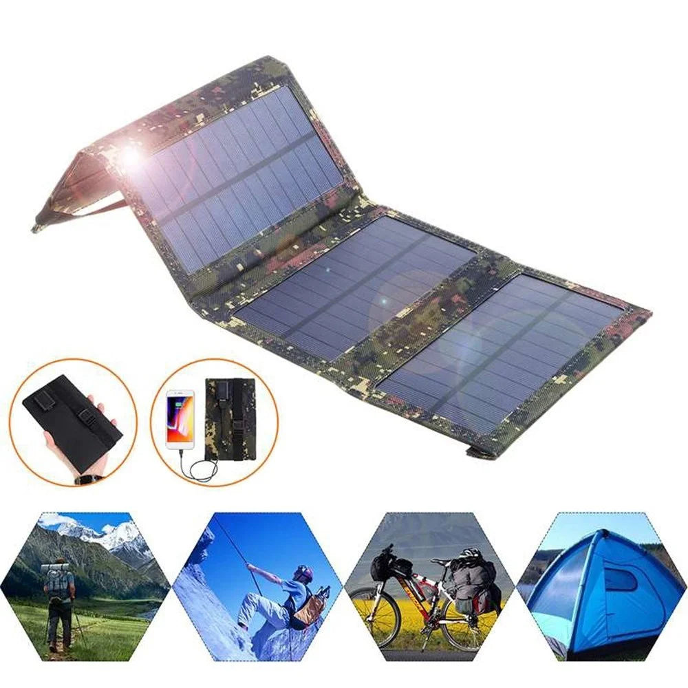 5V 10W USB Solar Charger Portable Outdoor Waterproof Solar Battery Charger USB Phone Charging Power Bank with 4 Solar Panels - Black - 7