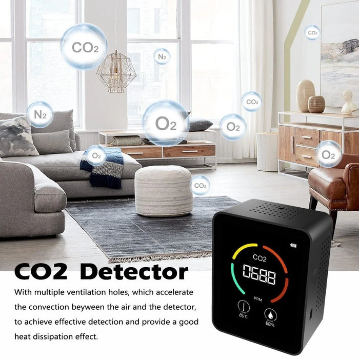 3-in-1 CO2 Temperature Humidity Meter TVOC Detection with LCD Display Air Quality Monitor Portable Carbon Dioxide Detector for Home Office Car - Black - 3
