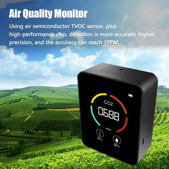 3-in-1 CO2 Temperature Humidity Meter TVOC Detection with LCD Display Air Quality Monitor Portable Carbon Dioxide Detector for Home Office Car - Black - 4