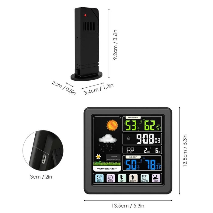 Touch LCD Screen Wireless Weather Station Alarm Clock Home Thermometer Hygrometer with USB Charging Function - Black - 5