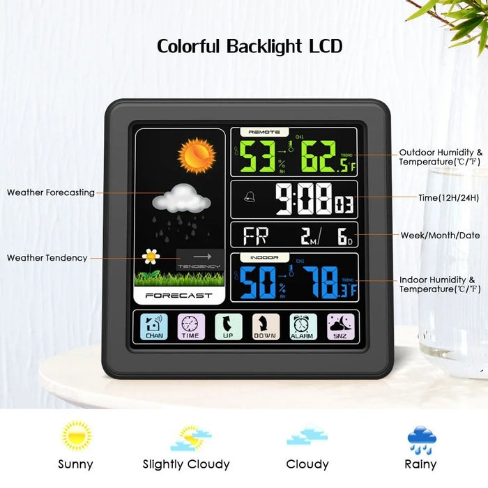 Touch LCD Screen Wireless Weather Station Alarm Clock Home Thermometer Hygrometer with USB Charging Function - Black - 6