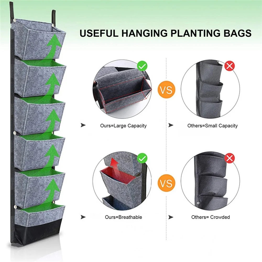 Hanging Planter Bag with 6 Pockets Vertical Gardening Systems Waterproof Wall Mount Flower Garden Vegetable Planting Bags for Patio House Balcony - Black - 5