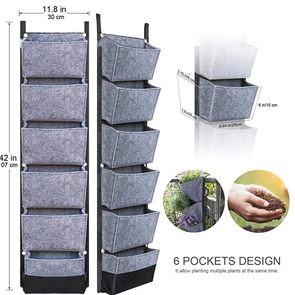 Hanging Planter Bag with 6 Pockets Vertical Gardening Systems Waterproof Wall Mount Flower Garden Vegetable Planting Bags for Patio House Balcony - Black - 6