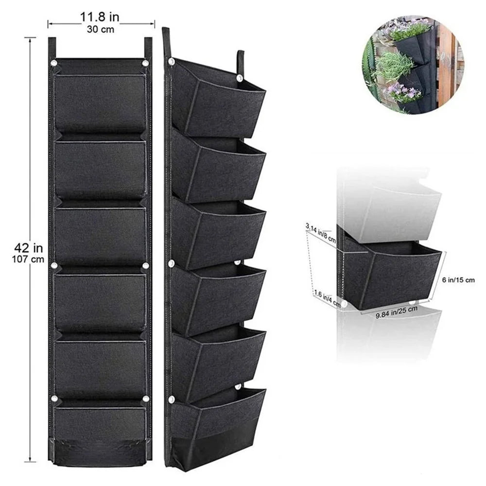 Hanging Planter Bag with 6 Pockets Vertical Gardening Systems Waterproof Wall Mount Flower Garden Vegetable Planting Bags for Patio House Balcony - Black - 7