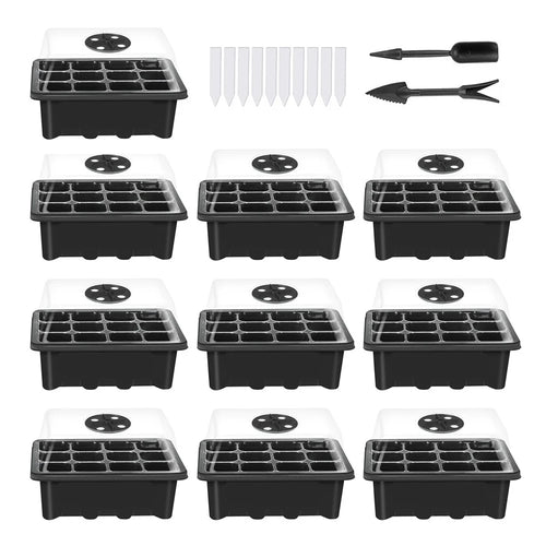 10 Set Seed Trays Moisturizing Seedling Starter Tray (12 Cells per Tray)with Adjustable Dome Lids and Base Plus Plant Tags - Black - 1