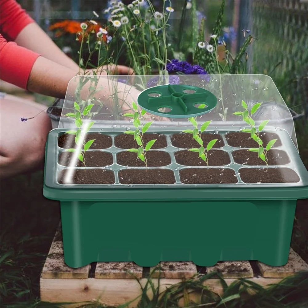 10 Set Seed Trays Moisturizing Seedling Starter Tray (12 Cells per Tray)with Adjustable Dome Lids and Base Plus Plant Tags - Black - 2