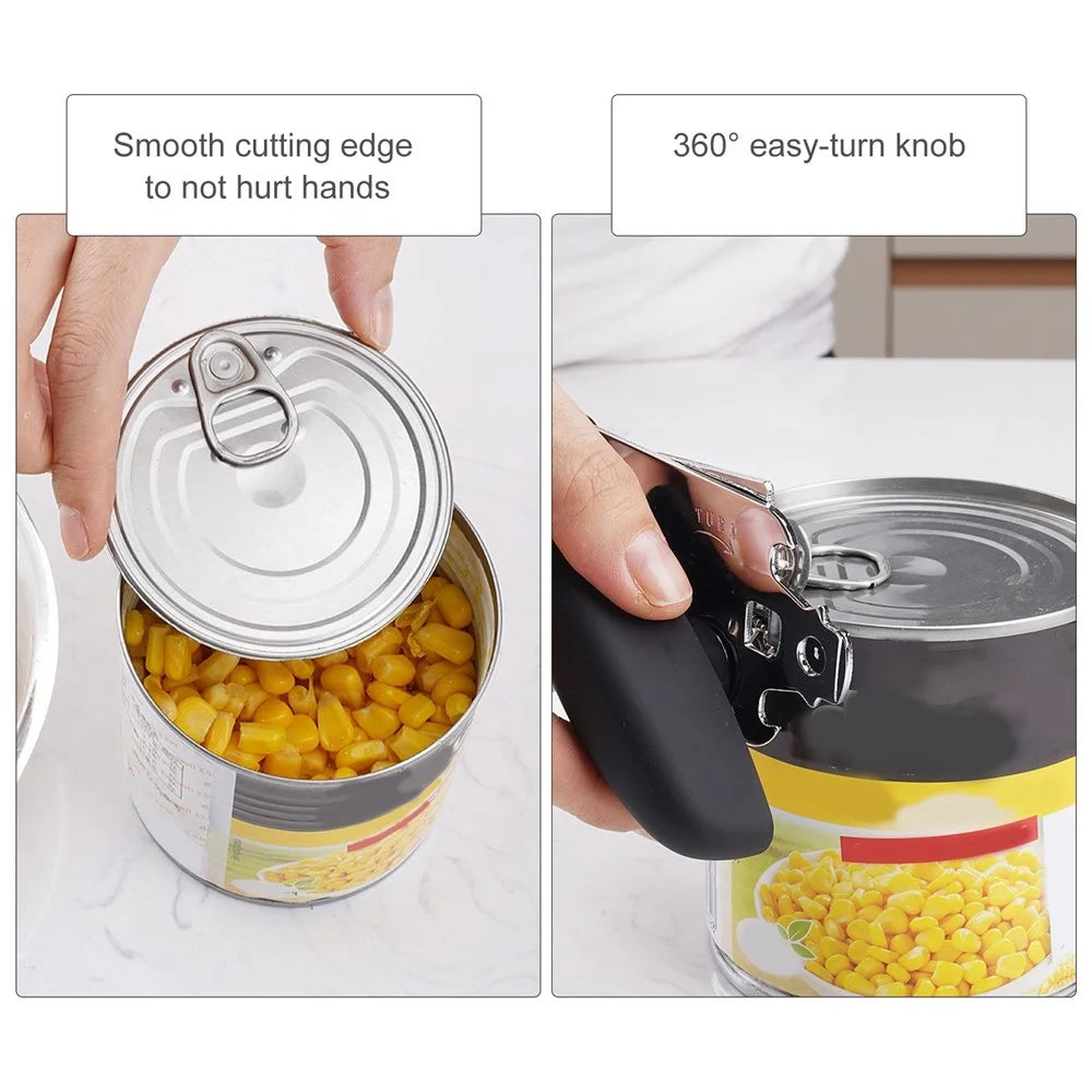 Can Opener Kitchen Stainless Steel Can Opener Manual Smooth Edge Tin Beer Jar Bottle Opener Hand Grip - Black - 2