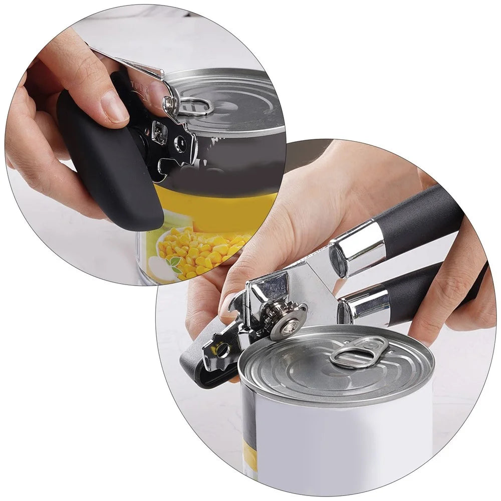 Can Opener Kitchen Stainless Steel Can Opener Manual Smooth Edge Tin Beer Jar Bottle Opener Hand Grip - Black - 6