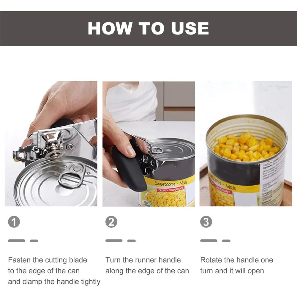 Can Opener Kitchen Stainless Steel Can Opener Manual Smooth Edge Tin Beer Jar Bottle Opener Hand Grip - Black - 7