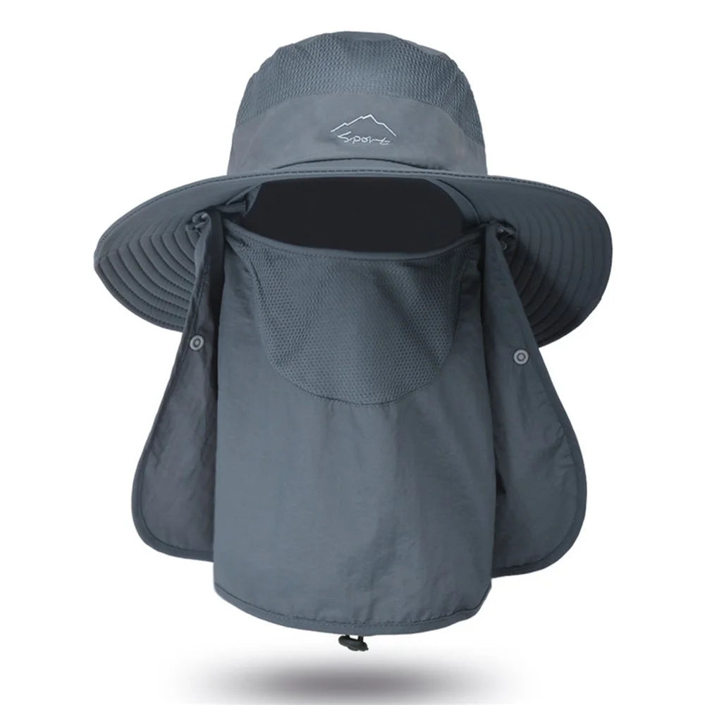 Fishing Hat Sun Cap with Removable Face Cover Neck Flap Outdoor UV Sun Protection Wide Brim Hat - Dark Grey - 1
