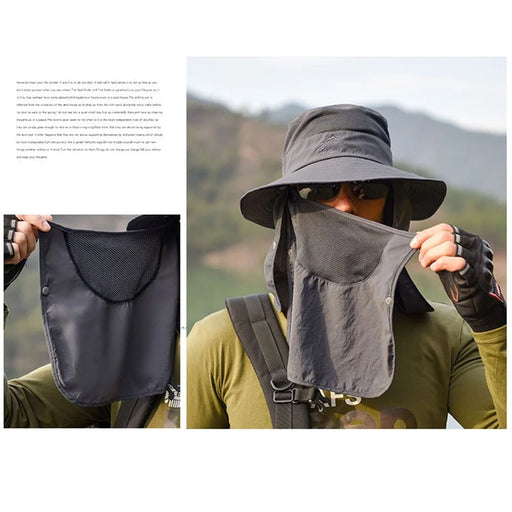 Fishing Hat Sun Cap with Removable Face Cover Neck Flap Outdoor UV Sun Protection Wide Brim Hat - Dark Grey - 2