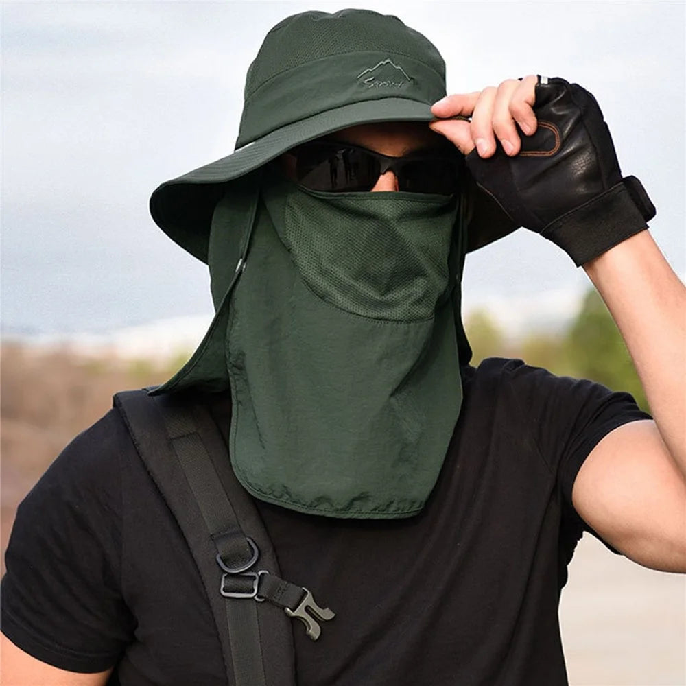 Fishing Hat Sun Cap with Removable Face Cover Neck Flap Outdoor UV Sun Protection Wide Brim Hat - Dark Grey - 3
