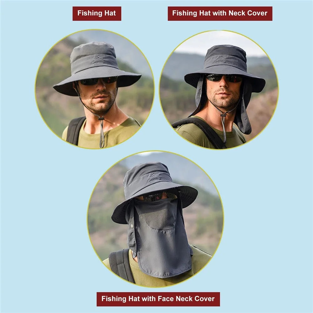 Fishing Hat Sun Cap with Removable Face Cover Neck Flap Outdoor UV Sun Protection Wide Brim Hat - Dark Grey - 6