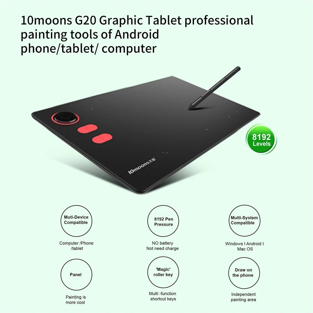 10MOONS G20 Graphics Drawing Tablet Ultralight Digital Art Creation Sketch with Battery-free Stylus 8 Pen Nibs 8192 Levels Pressure 12 Express Keys for PC Windows Android OTG - 7
