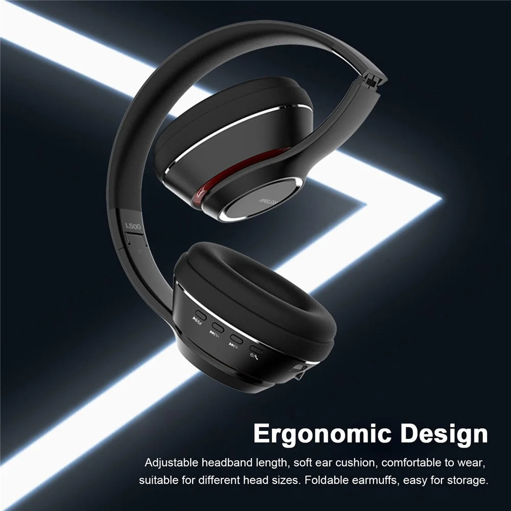 L500 Bluetooth-compatible 5.0 Wireless Headphone Over Ear Headset Stereo Deep Bass Sports Music Earphone 3.5mm AUX IN TF Card MP3 Player with Mic - Black - 4