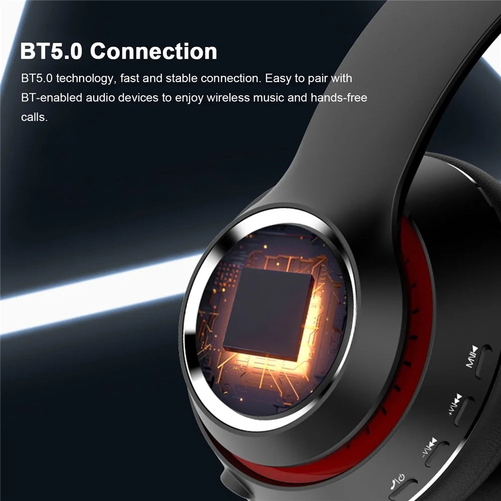 L500 Bluetooth-compatible 5.0 Wireless Headphone Over Ear Headset Stereo Deep Bass Sports Music Earphone 3.5mm AUX IN TF Card MP3 Player with Mic - Black - 5