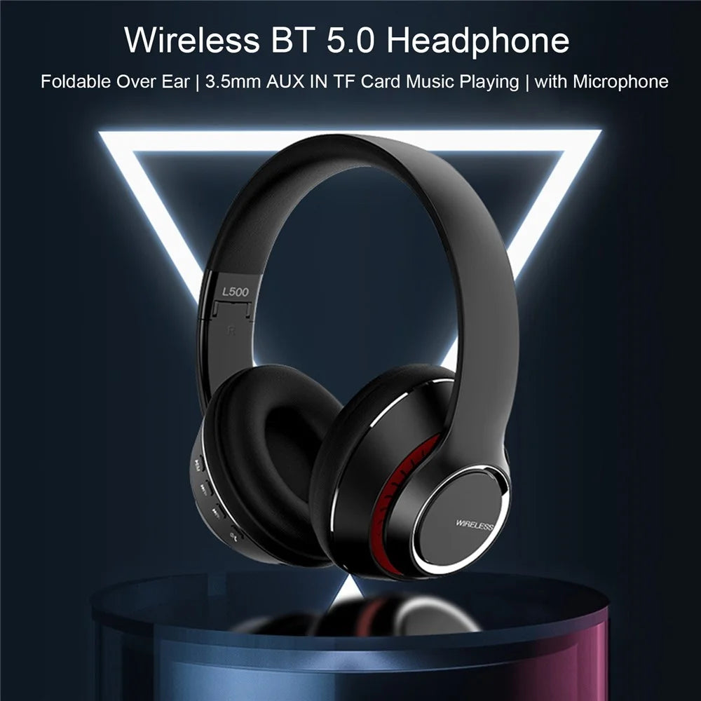 L500 Bluetooth-compatible 5.0 Wireless Headphone Over Ear Headset Stereo Deep Bass Sports Music Earphone 3.5mm AUX IN TF Card MP3 Player with Mic - Black - 6