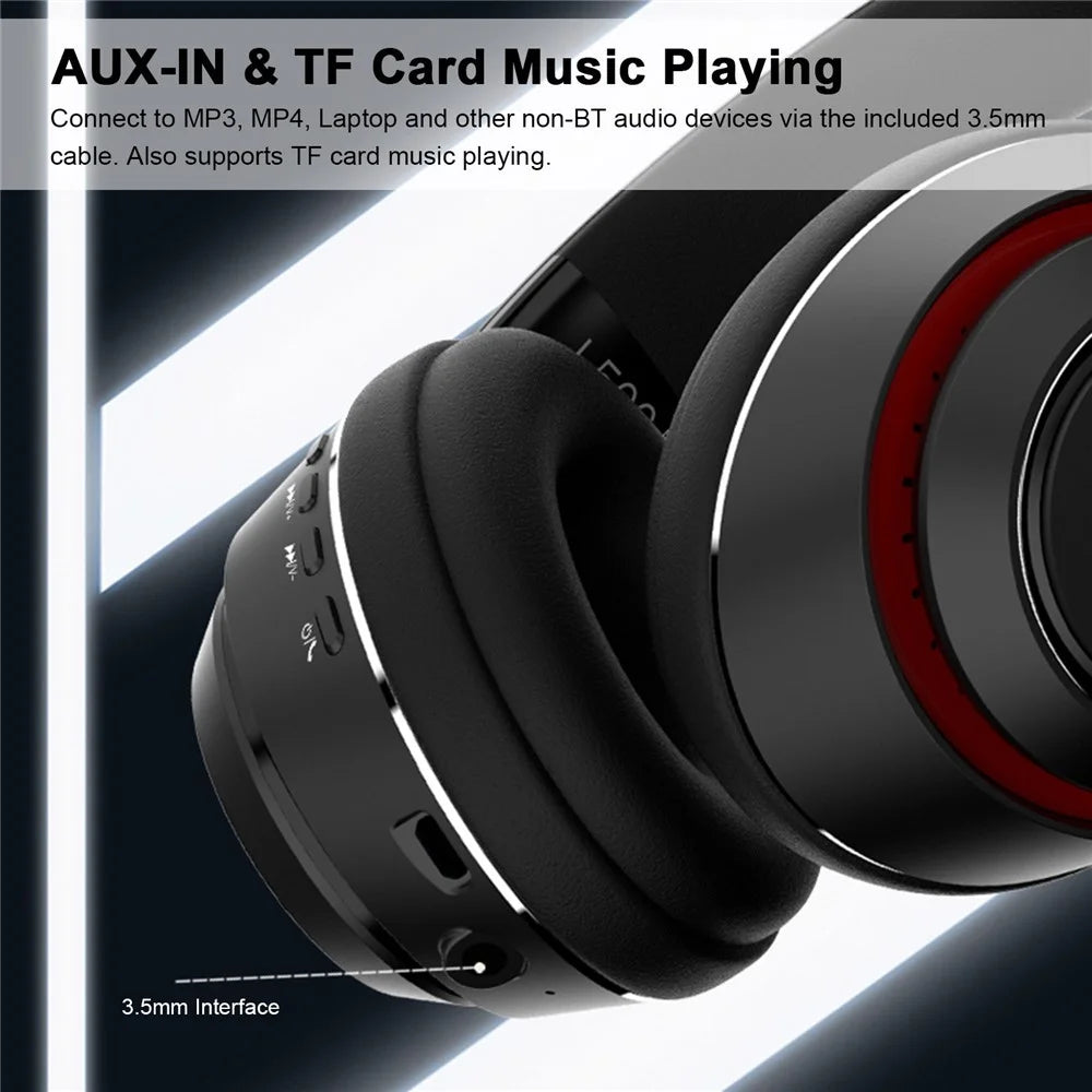 L500 Bluetooth-compatible 5.0 Wireless Headphone Over Ear Headset Stereo Deep Bass Sports Music Earphone 3.5mm AUX IN TF Card MP3 Player with Mic - Black - 7