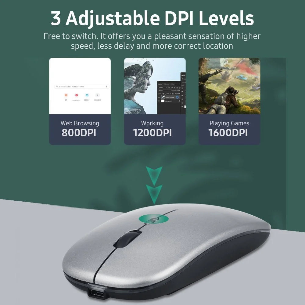 Wireless Slim Mouse Less Noise Adjustable Rechargeable Mouse for Laptop Computer - Black - 4