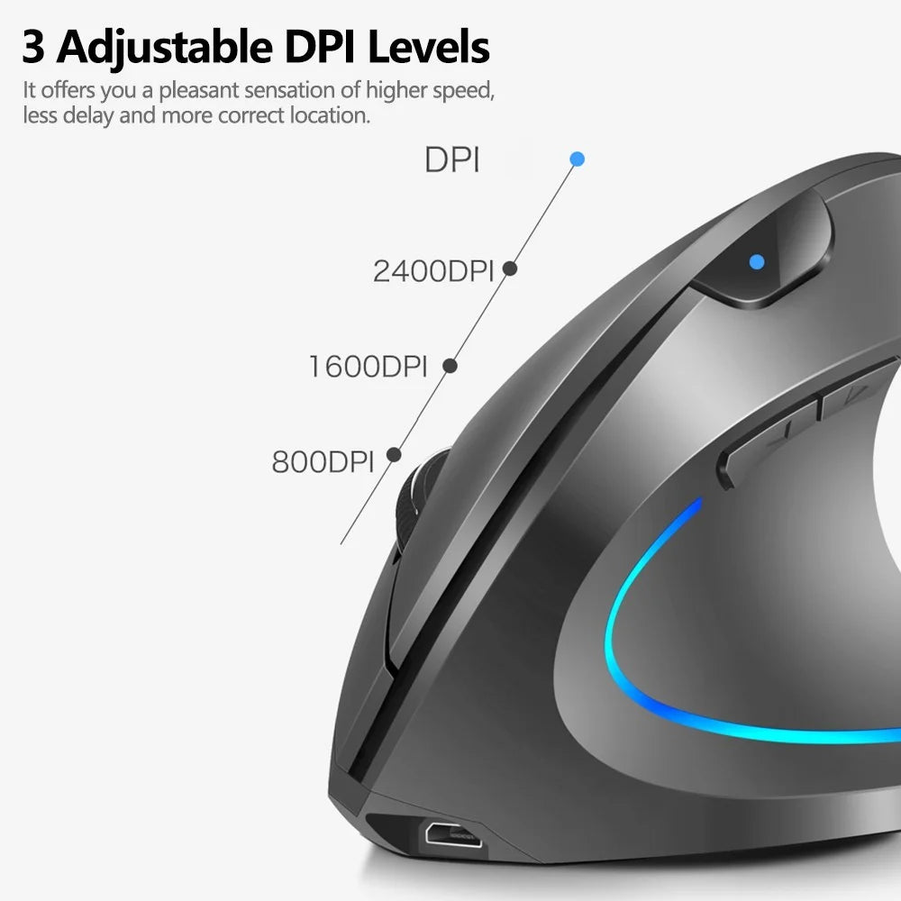 2.4G Wireless Vertical Mouse Rechargeable Mouse with 3 Adjustable DPI Levels and Auto Sleep - Black - 3