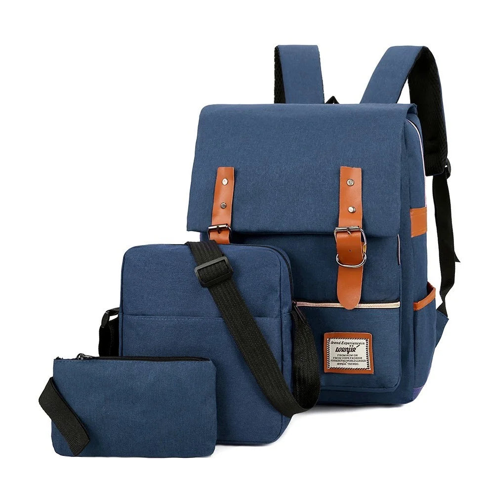 Large Capacity Nylon Laptop Backpack USB Port Design Travel Business Knapsack with Small + Middle Bag - Dark Blue - 1