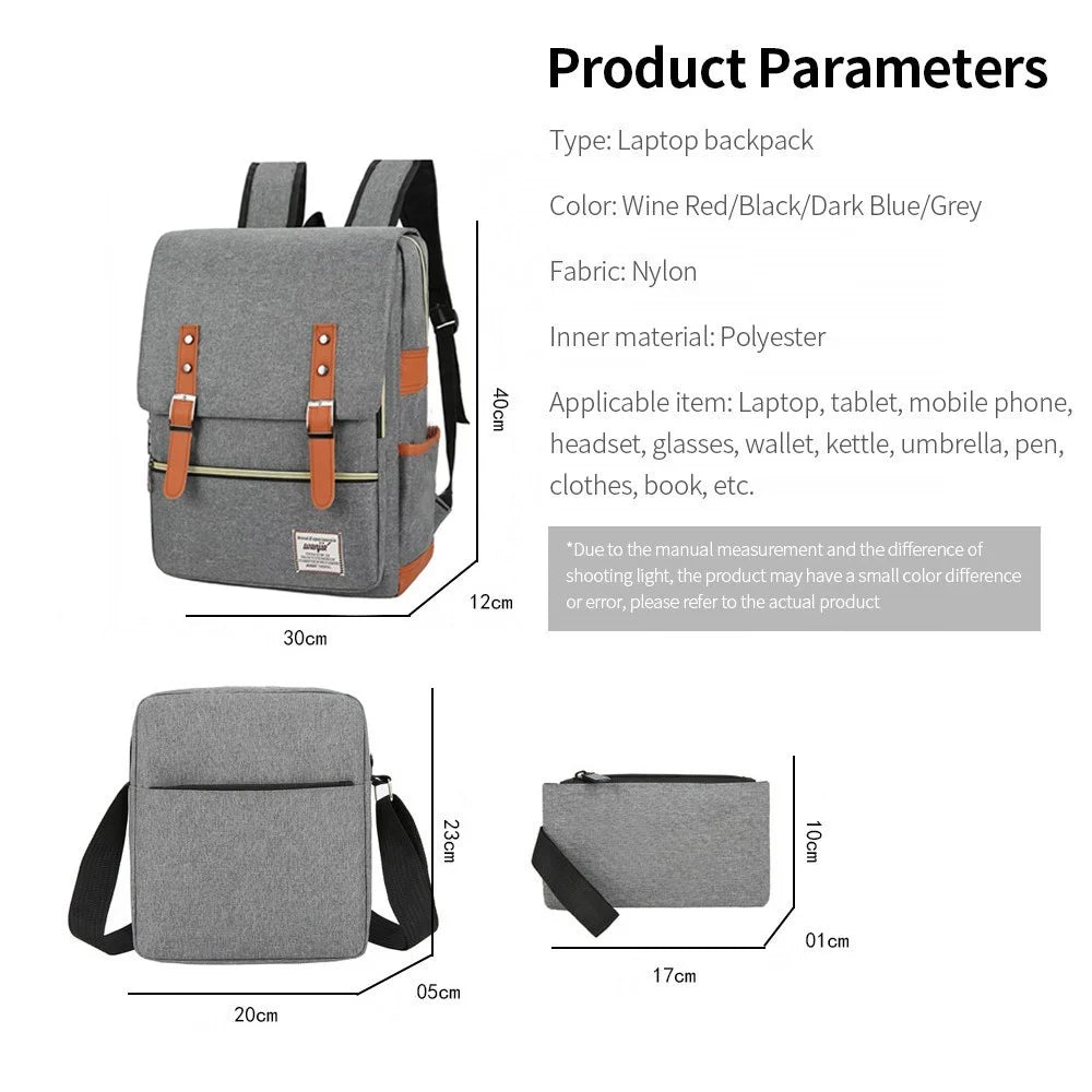 Large Capacity Nylon Laptop Backpack USB Port Design Travel Business Knapsack with Small + Middle Bag - Dark Blue - 5