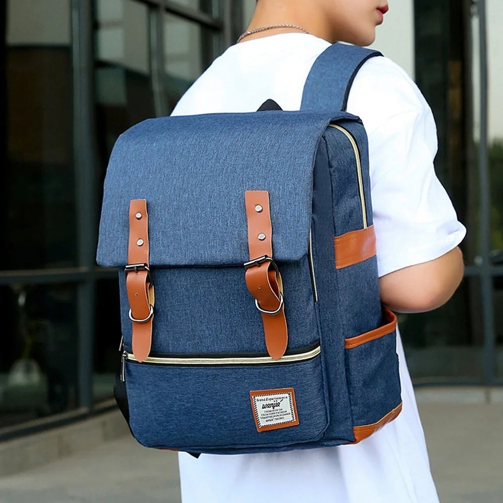 Large Capacity Nylon Laptop Backpack USB Port Design Travel Business Knapsack with Small + Middle Bag - Dark Blue - 6