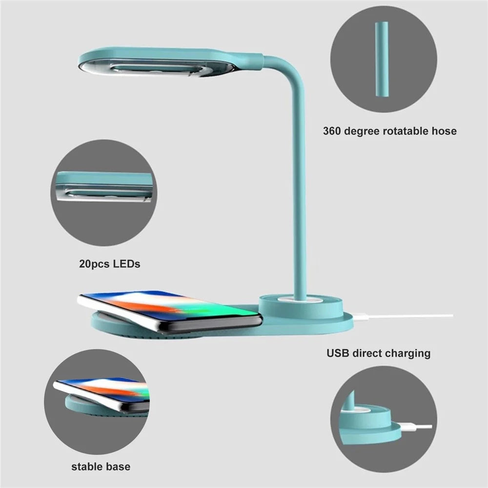 LEDs Desk Lamp with Wirelessly Charge Touching Control 3 Color Temperatures Eye-caring Table Lamp 360-degree Flexible Lighting Angle USB Powered - Blue - 3