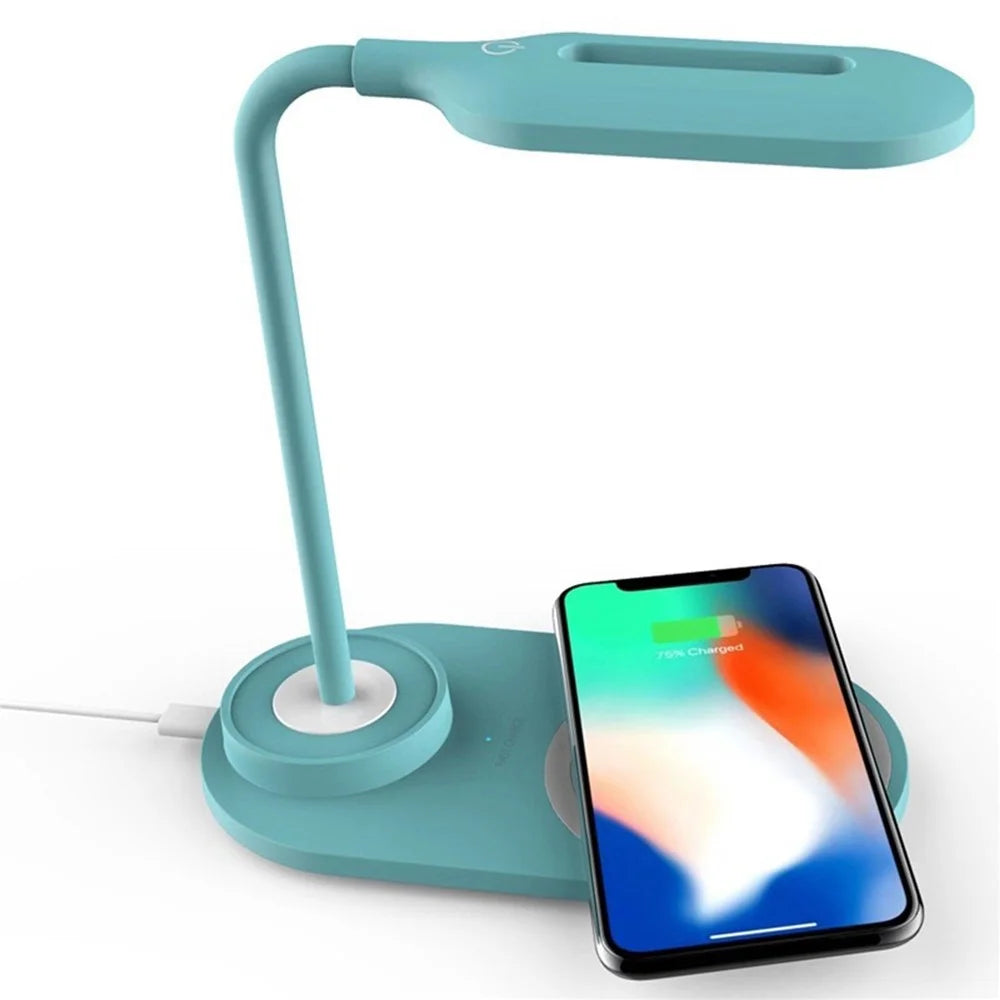 LEDs Desk Lamp with Wirelessly Charge Touching Control 3 Color Temperatures Eye-caring Table Lamp 360-degree Flexible Lighting Angle USB Powered - Blue - 5