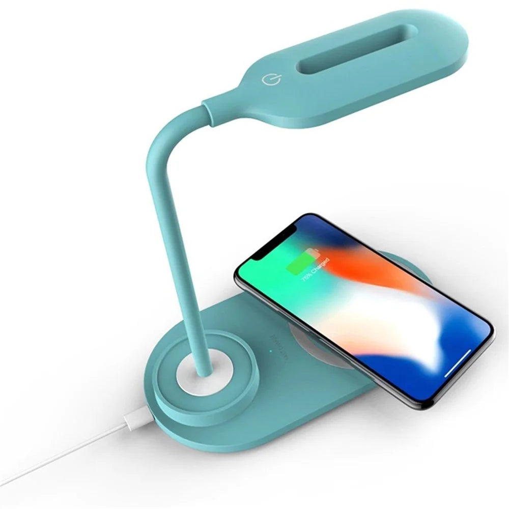 LEDs Desk Lamp with Wirelessly Charge Touching Control 3 Color Temperatures Eye-caring Table Lamp 360-degree Flexible Lighting Angle USB Powered - Blue - 6