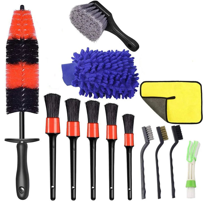 13Pcs Car Wheel Brush Set Car Wheel Cleaning Brush Kit Including 5 Detailing Brushes/3 Steel Wire Brushes/Wheel Rim Brush/Air Vents Brush/Tire Brush/Car Wash Mitt/Towel - 1