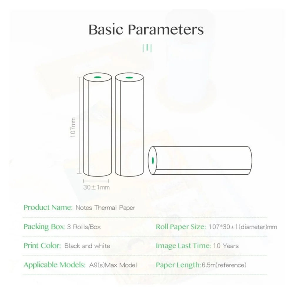 PERIPAGE 3 Rolls Thermal Printing Paper 107X30mm BPA-Free Oil-Proof Printable Paper for PeriPage A9 Max / A9s Max Wireless BT Thermal Mobile Printer - Notes Thermal Paper (Non-Adhesive) - 2