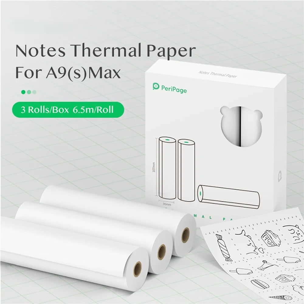 PERIPAGE 3 Rolls Thermal Printing Paper 107X30mm BPA-Free Oil-Proof Printable Paper for PeriPage A9 Max / A9s Max Wireless BT Thermal Mobile Printer - Notes Thermal Paper (Non-Adhesive) - 5