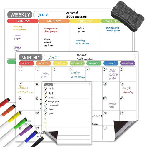 Magnetic Dry Erase Calendar Fridge Whiteboard Flexible Monthly Weekly Daily Calendar Daily Message Stickers with 5 Board Pen + 1 Eraser for Organizer Schedule Planner To-Do List Notepad Wall Set - 1