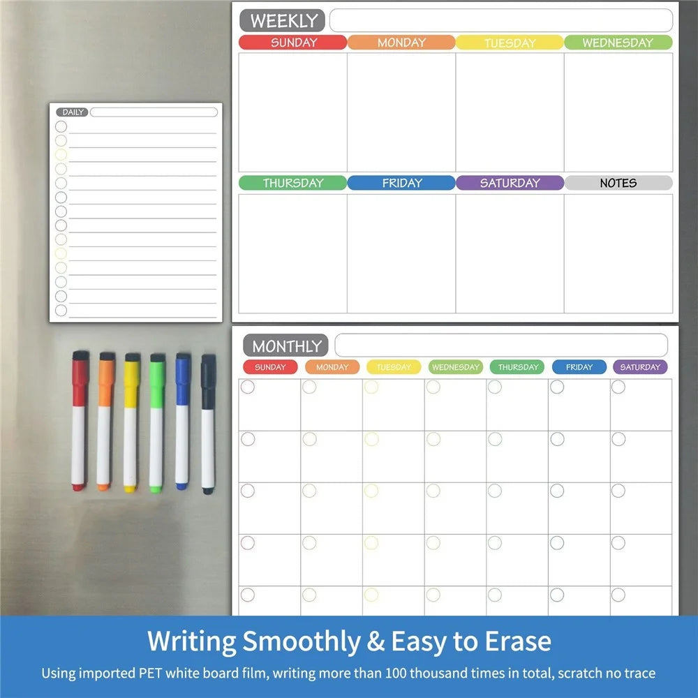 Magnetic Dry Erase Calendar Fridge Whiteboard Flexible Monthly Weekly Daily Calendar Daily Message Stickers with 5 Board Pen + 1 Eraser for Organizer Schedule Planner To-Do List Notepad Wall Set - 2