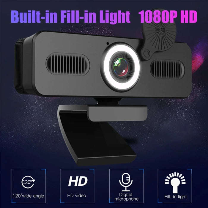 HD 120-degree Wide Angle USB Computer Webcam with Microphone with Fill-in Light Free Drive for Recording Calling Conferencing Gaming - 1080P - 6
