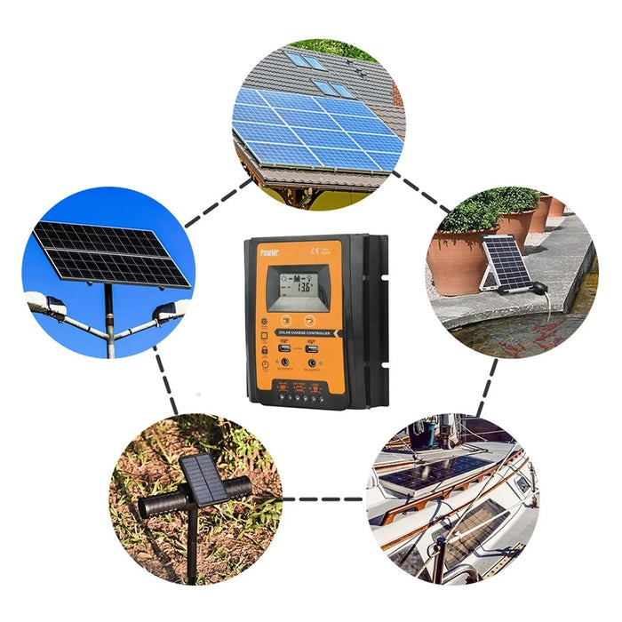 POWMR LCD Display PWM Solar Charge Controller 12V/24V Solar Panel IP32 PV Battery Charge Timer Regulator with Dual USB Port - 30A - 2