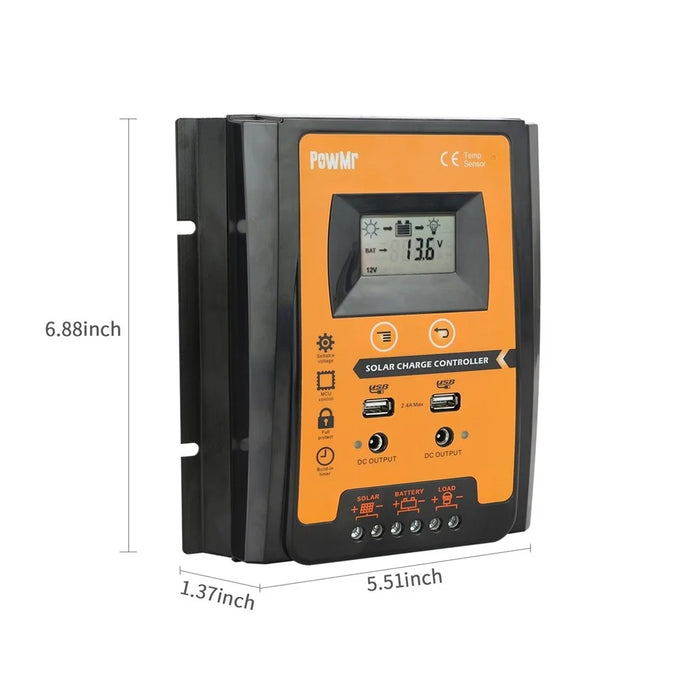 POWMR LCD Display PWM Solar Charge Controller 12V/24V Solar Panel IP32 PV Battery Charge Timer Regulator with Dual USB Port - 30A - 3