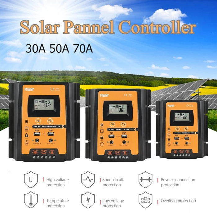 POWMR LCD Display PWM Solar Charge Controller 12V/24V Solar Panel IP32 PV Battery Charge Timer Regulator with Dual USB Port - 30A - 4