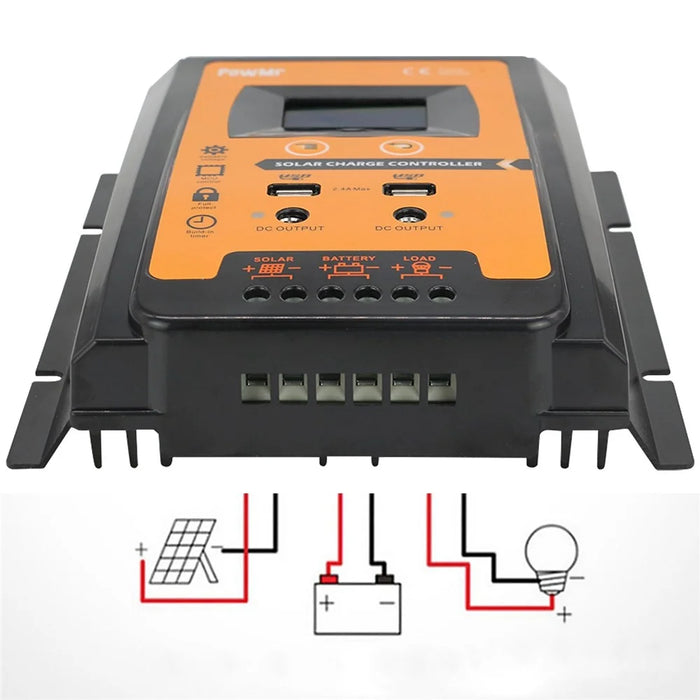 POWMR LCD Display PWM Solar Charge Controller 12V/24V Solar Panel IP32 PV Battery Charge Timer Regulator with Dual USB Port - 30A - 5