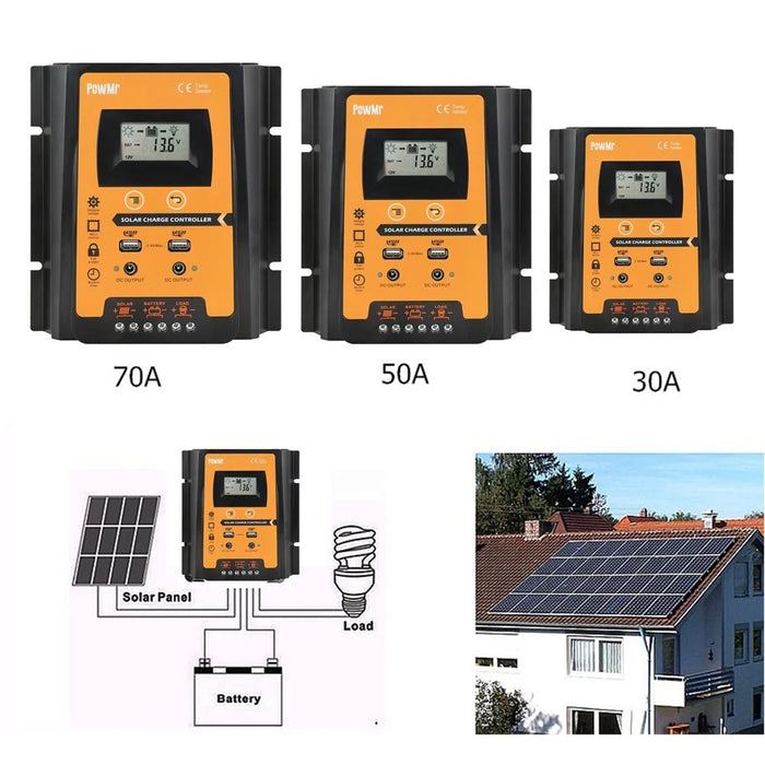 POWMR LCD Display PWM Solar Charge Controller 12V/24V Solar Panel IP32 PV Battery Charge Timer Regulator with Dual USB Port - 30A - 7