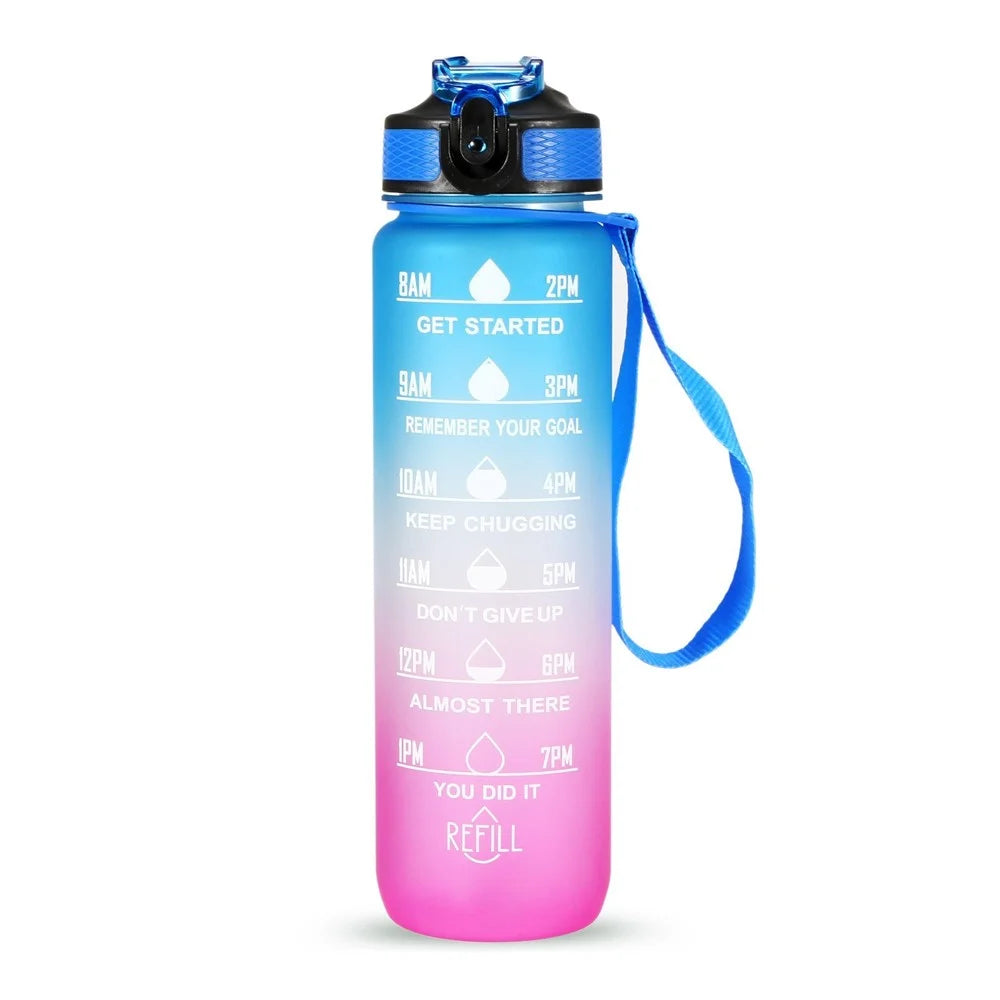 1L Sports Water Bottle with Time Marker Water Jug Leak proof Drinking Kettle for Office School Camping (without FDA Certificate, BPA Free) - Blue/Purple - 1