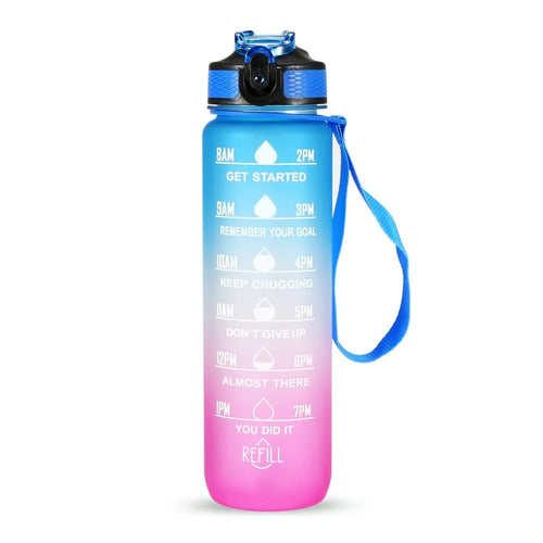 1L Sports Water Bottle with Time Marker Water Jug Leak proof Drinking Kettle for Office School Camping (without FDA Certificate, BPA Free) - Blue/Purple - 1