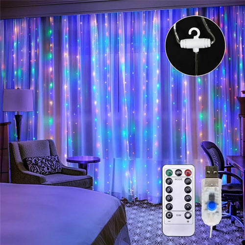10 X 10FT 300 LEDs Curtain String Lights 8 Modes Adjustable Fairy Lights Christmas Decorative Hanging Lights Copper Wire Waterfall Lights with Remote Control - Multi-color - 1
