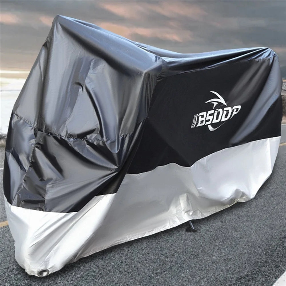 BSDDP 200x90x100cm Motorcycle Cover with Keyhole Oxford Cloth Waterproof Dustproof Motorbike Outdoor Protective Hood Cover - Black/Silver/M - 7
