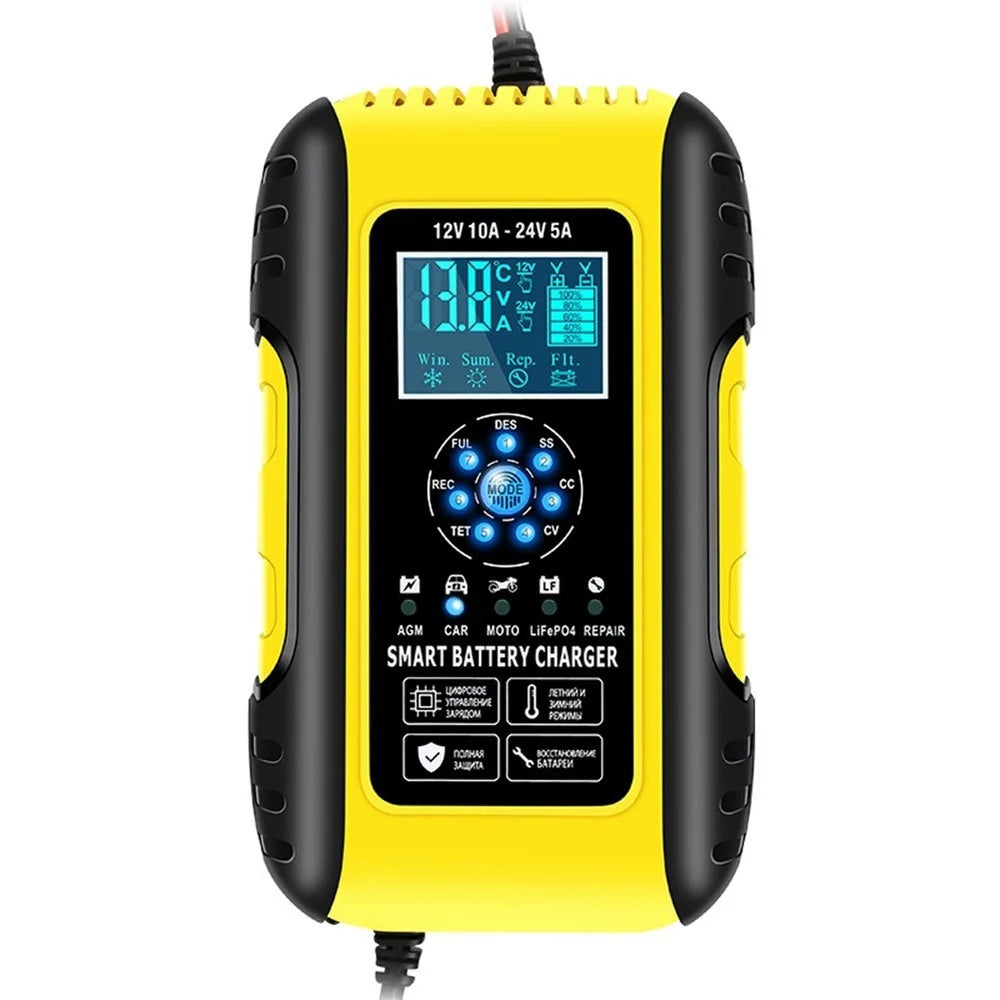 Fully-Automatic Smart Charger 12V/10A 24V/5A Battery MaintainerBattery Desulfator for Car Truck Motorcycle Lawn Mower Boat - US Plug/Yellow - 1