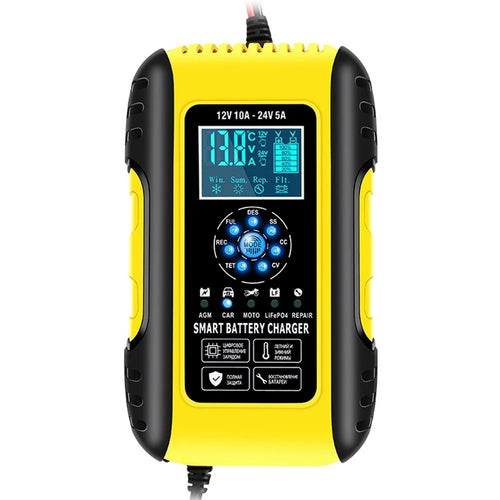 Fully-Automatic Smart Charger 12V/10A 24V/5A Battery MaintainerBattery Desulfator for Car Truck Motorcycle Lawn Mower Boat - US Plug/Yellow - 1