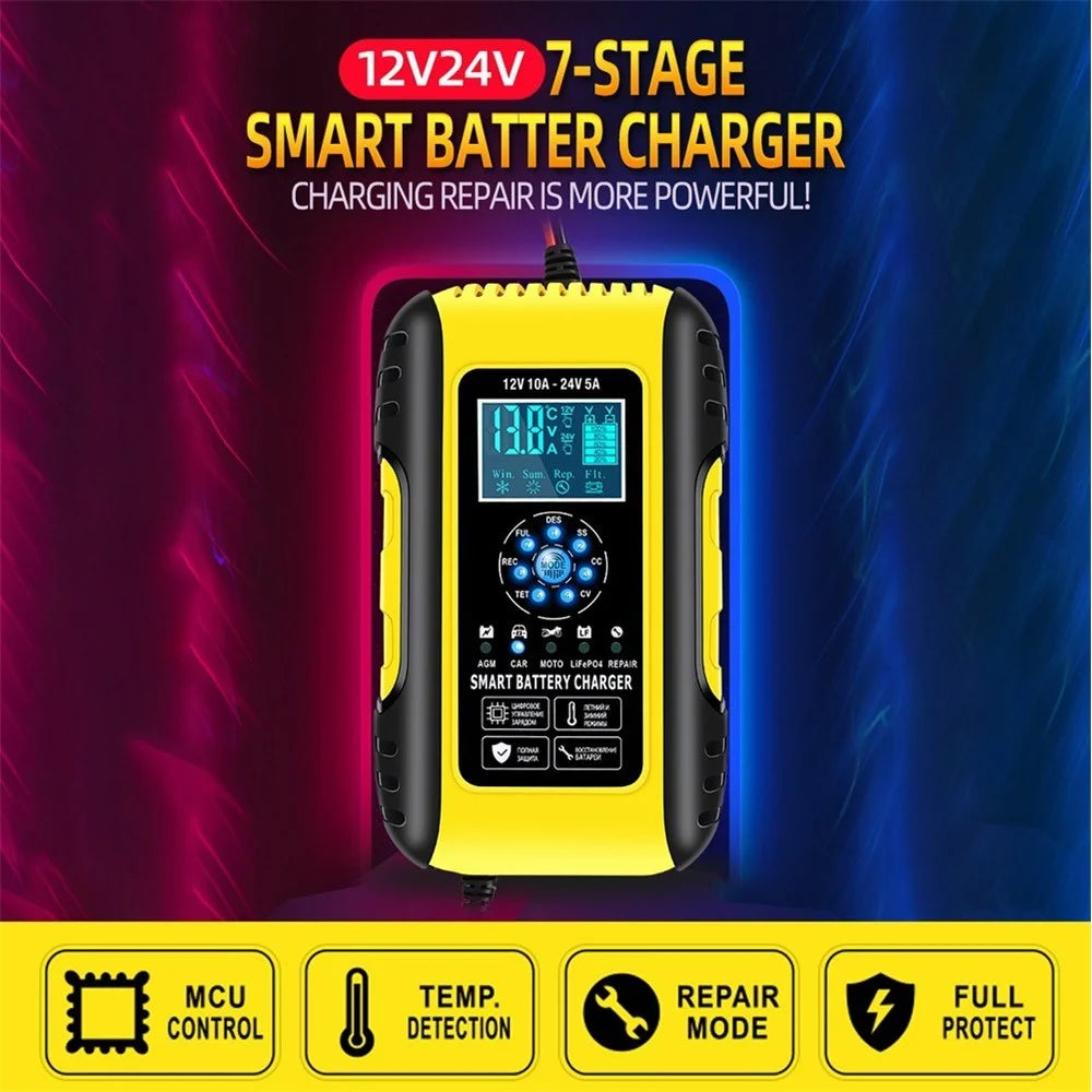 Fully-Automatic Smart Charger 12V/10A 24V/5A Battery MaintainerBattery Desulfator for Car Truck Motorcycle Lawn Mower Boat - US Plug/Yellow - 5